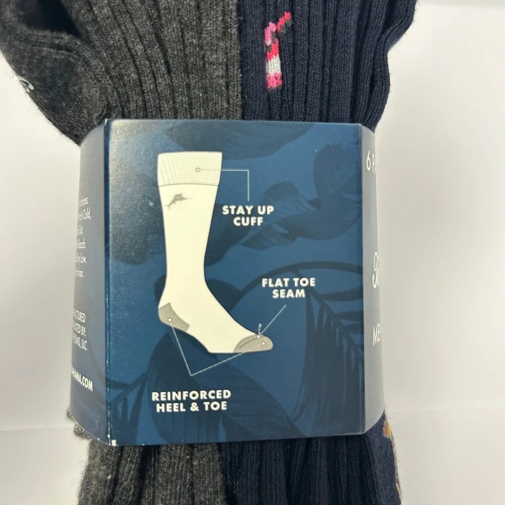 Tommy Bahama Mens 6 Pairs Casual Crew Socks One Size Lobster Palm Tree Navy Gray